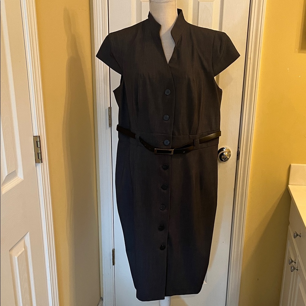 Calvin Klein Belted Button-Front Sheath Dress – Charcoal Gray – Size 16